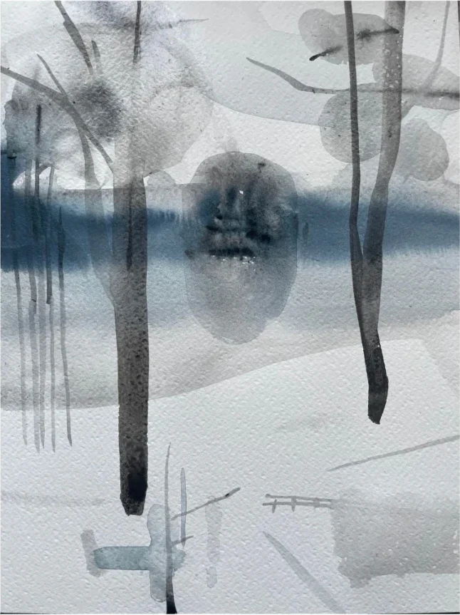 Watercolour with trees and mist